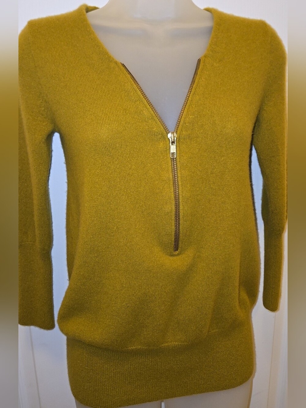J. Crew Cashmere Mustard Yellow V-Neck Zip Sweater